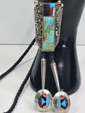 Native American Sterling Silver Bolo Tie 7A Signed Turquoise Inlay Tips 66g